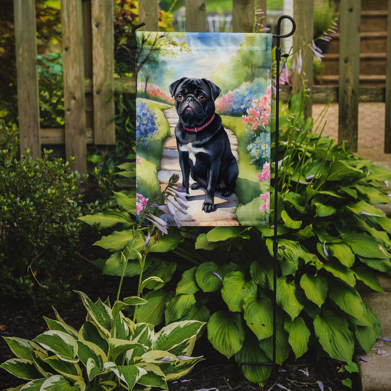 Black Pug Spring Path Garden Flag  – Dog-Themed Floral Outdoor Decor