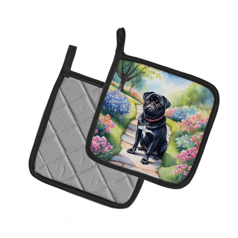 Black Pug Spring Path Pot Holders - Set of 2 Decorative Kitchen Helpers | Made in the USA