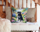 Black Pug Spring Path Throw Pillow - 14x14 Decorative Pillow – Art for Your Home & Patio