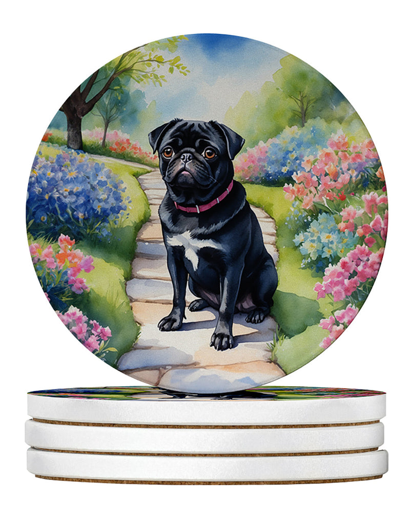 Black Pug Spring Path Large Sandstone Coasters Pack of 4