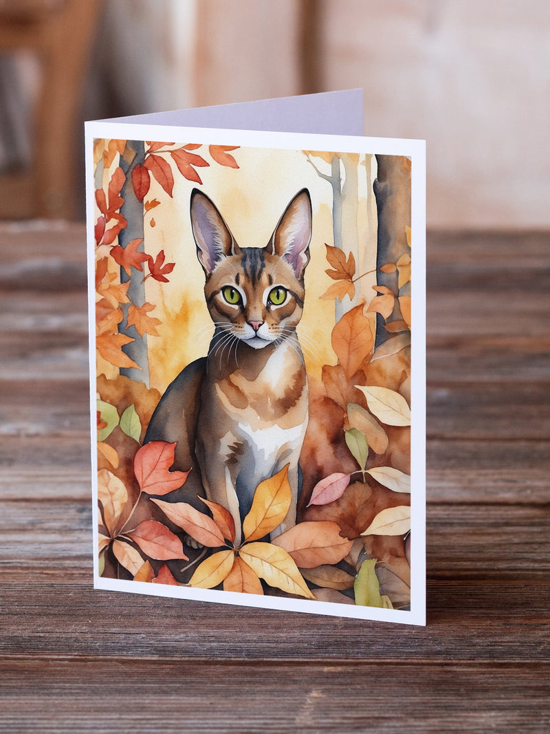 Abyssinian Cat in Fall Leaves Greeting Cards - Blank Note Cards – 8-Pack of Artist-Designed Cards with Envelopes