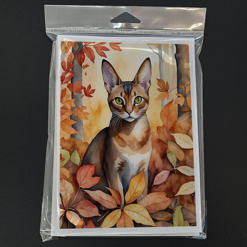 Abyssinian Cat in Fall Leaves Greeting Cards - Blank Note Cards – 8-Pack of Artist-Designed Cards with Envelopes