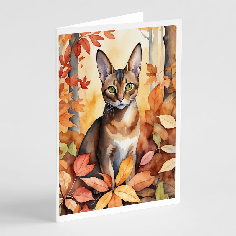 Abyssinian Cat in Fall Leaves Greeting Cards - Blank Note Cards – 8-Pack of Artist-Designed Cards with Envelopes