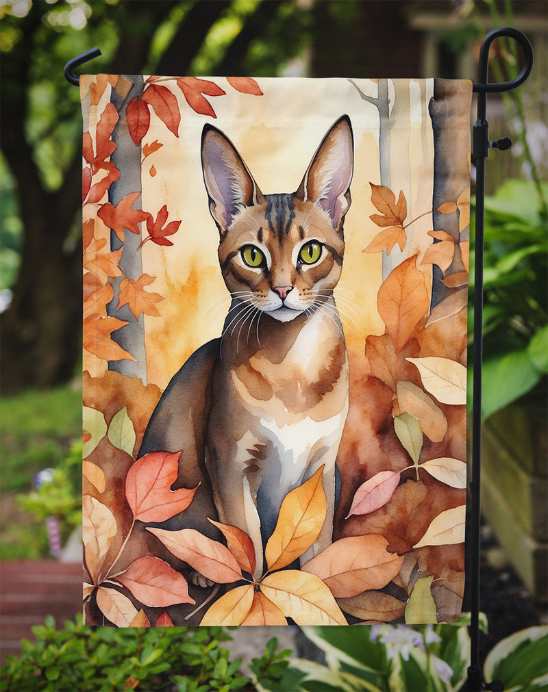 Abyssinian Fall Garden Flag - Cat in Fall Leaves - Cat-Themed Seasonal Yard Decor