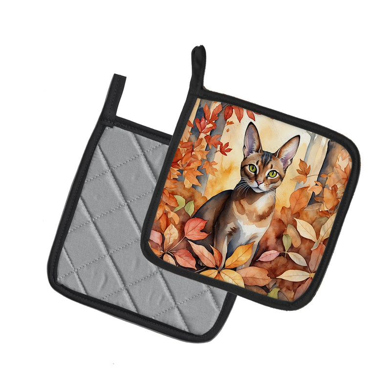 Abyssinian Cat in Fall Leaves Pot Holders - Set of 2 Decorative Kitchen Helpers | Made in the USA