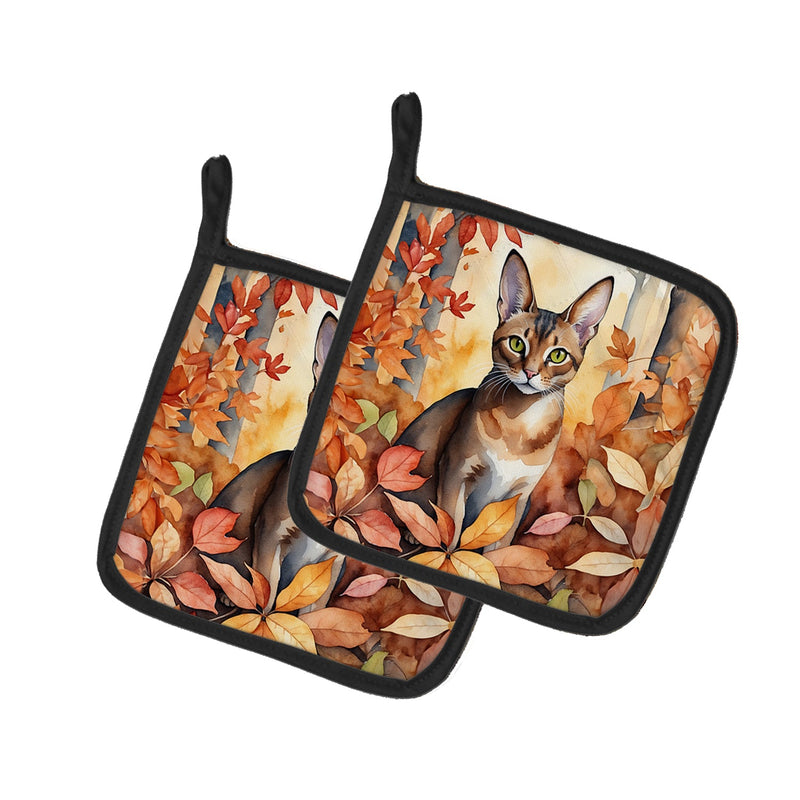 Abyssinian Cat in Fall Leaves Pot Holders - Set of 2 Decorative Kitchen Helpers | Made in the USA