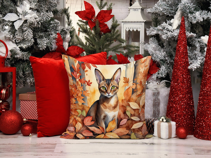 Abyssinian Cat in Fall Leaves Throw Pillow - 14x14 Decorative Pillow – Art for Your Home & Patio