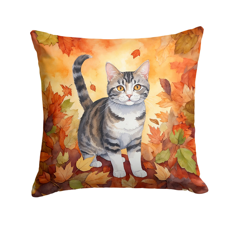 American Wirehair Cat in Fall Leaves Throw Pillow - 14x14 Decorative Pillow – Art for Your Home & Patio