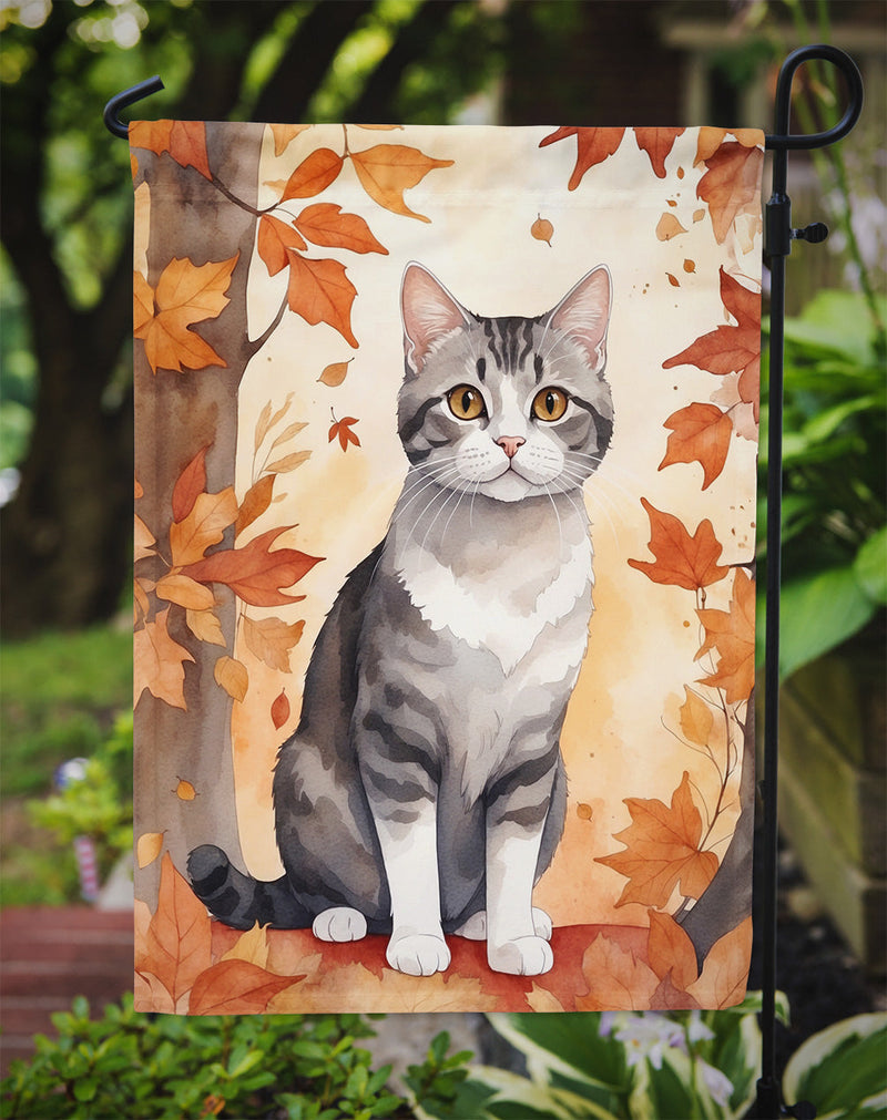 American Wirehair Fall Garden Flag - Cat in Fall Leaves - Cat-Themed Seasonal Yard Decor