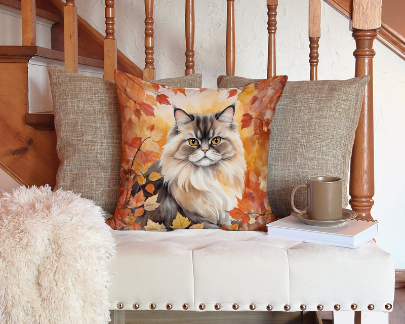 Persian Cat in Fall Leaves Throw Pillow