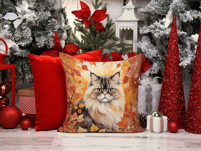 Persian Cat in Fall Leaves Throw Pillow