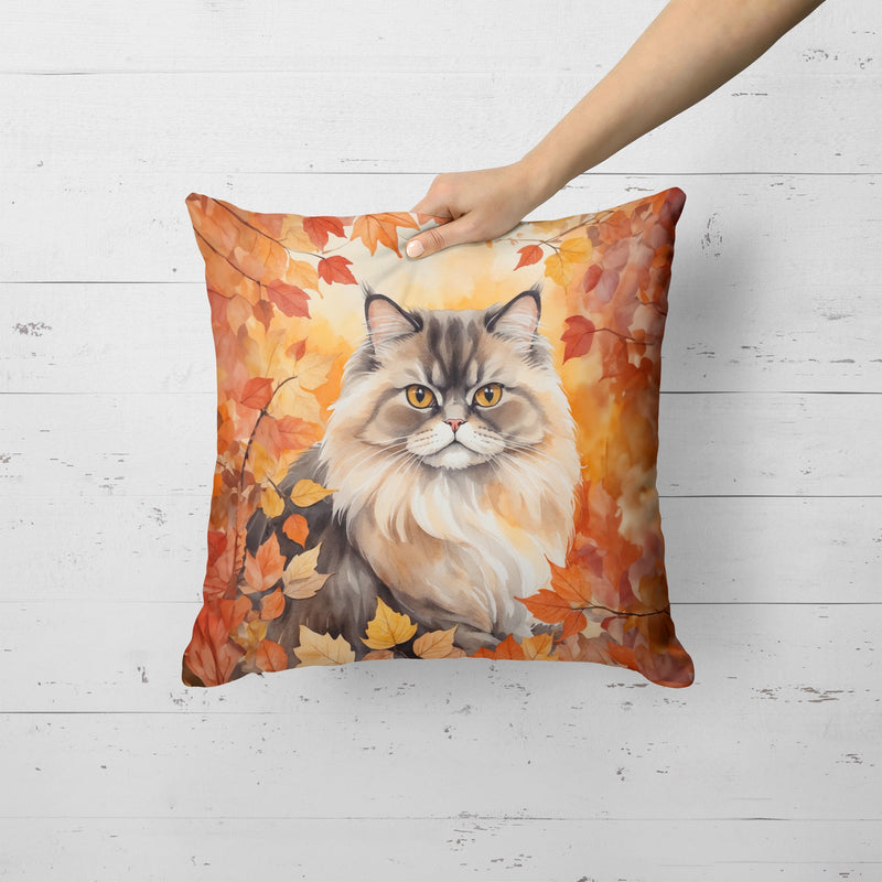 Persian Cat in Fall Leaves Throw Pillow