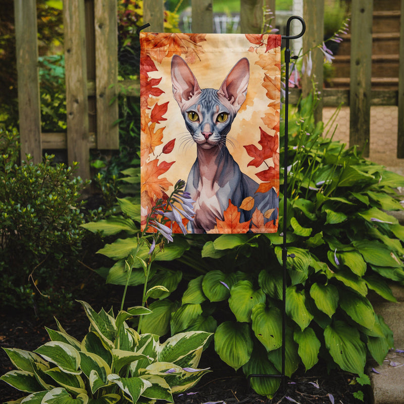 Peterbald Cat in Fall Leaves Garden Flag