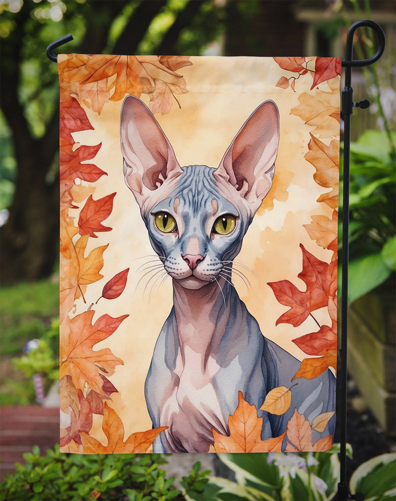 Peterbald Cat in Fall Leaves Garden Flag