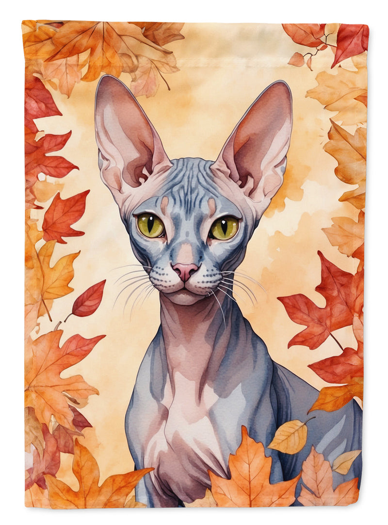 Peterbald Cat in Fall Leaves Garden Flag