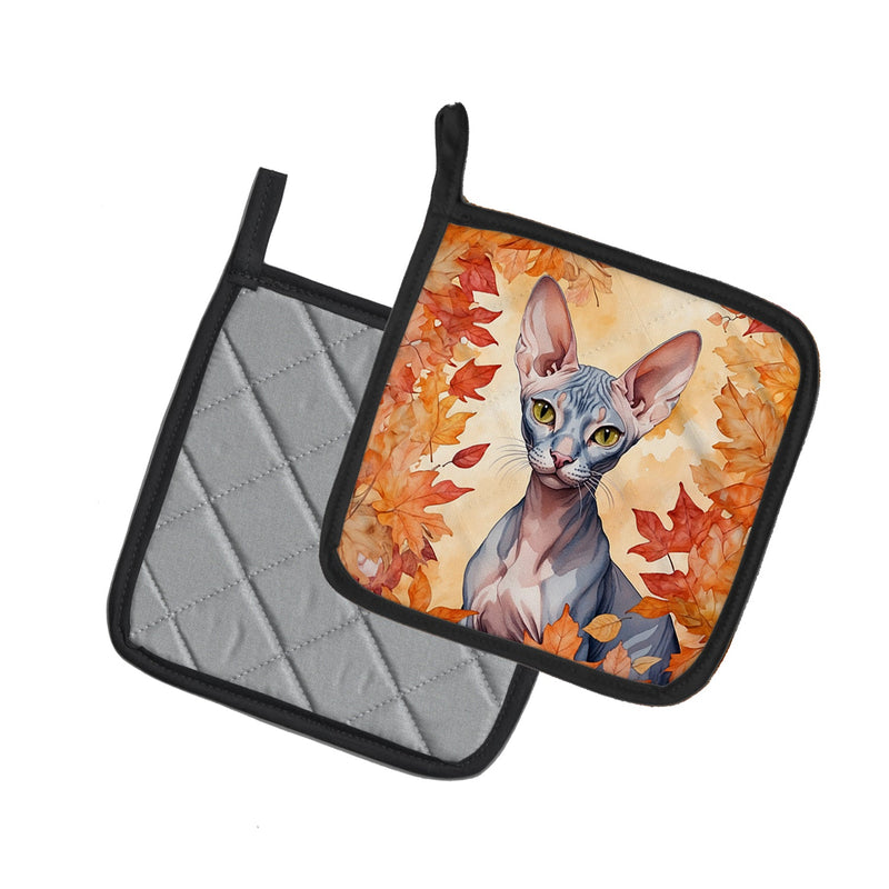 Peterbald Cat in Fall Leaves Pair of Pot Holders