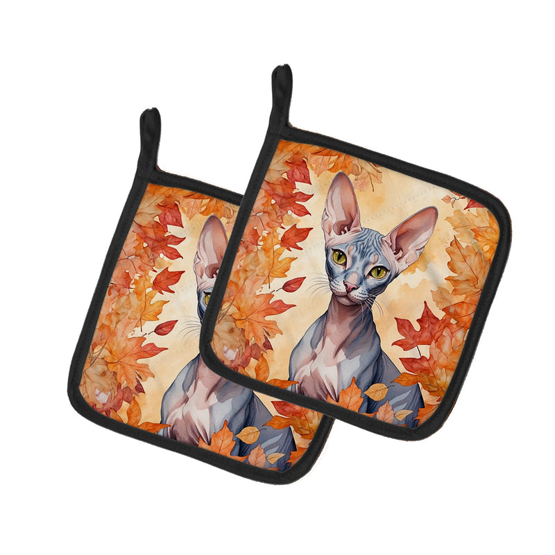 Peterbald Cat in Fall Leaves Pair of Pot Holders