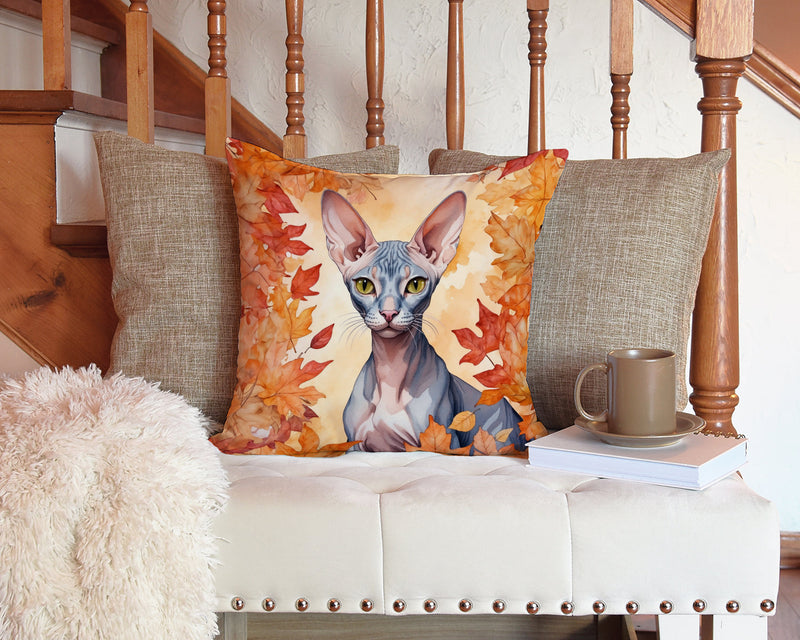 Peterbald Cat in Fall Leaves Throw Pillow