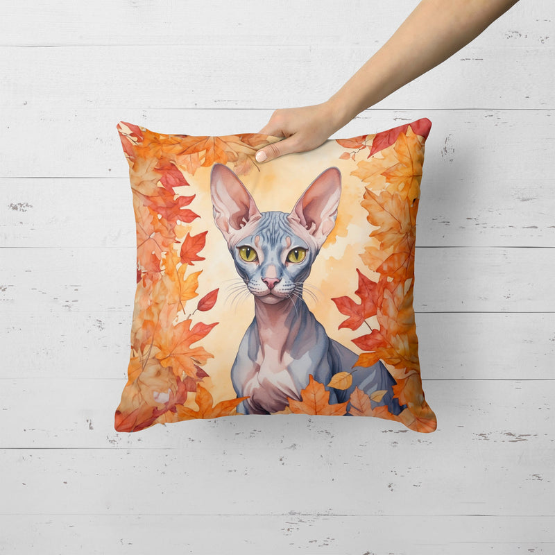 Peterbald Cat in Fall Leaves Throw Pillow