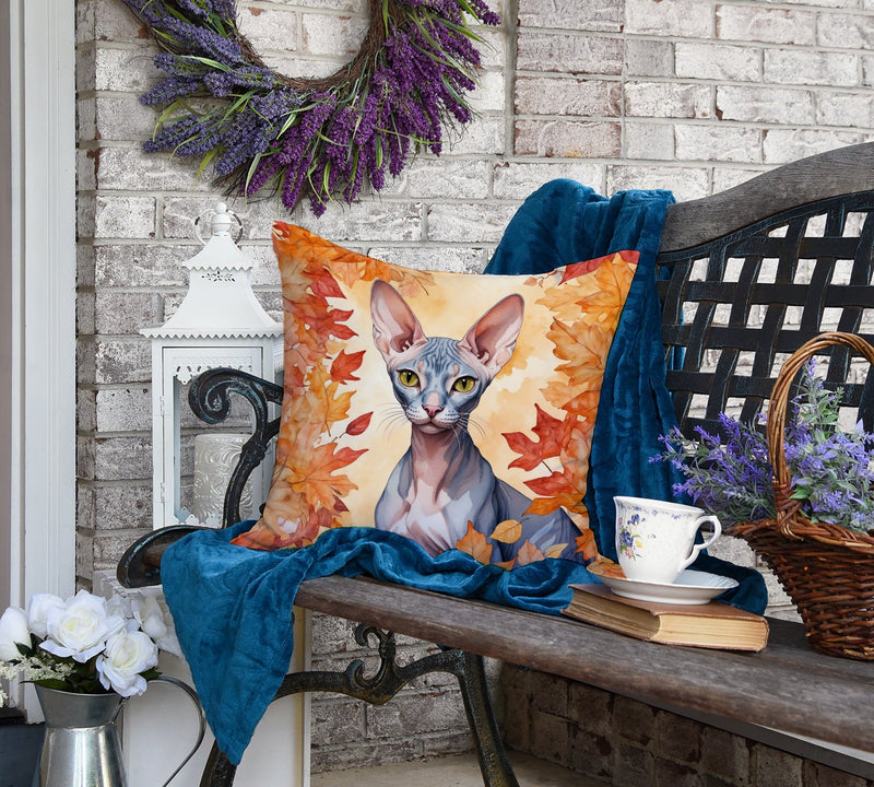 Peterbald Cat in Fall Leaves Throw Pillow