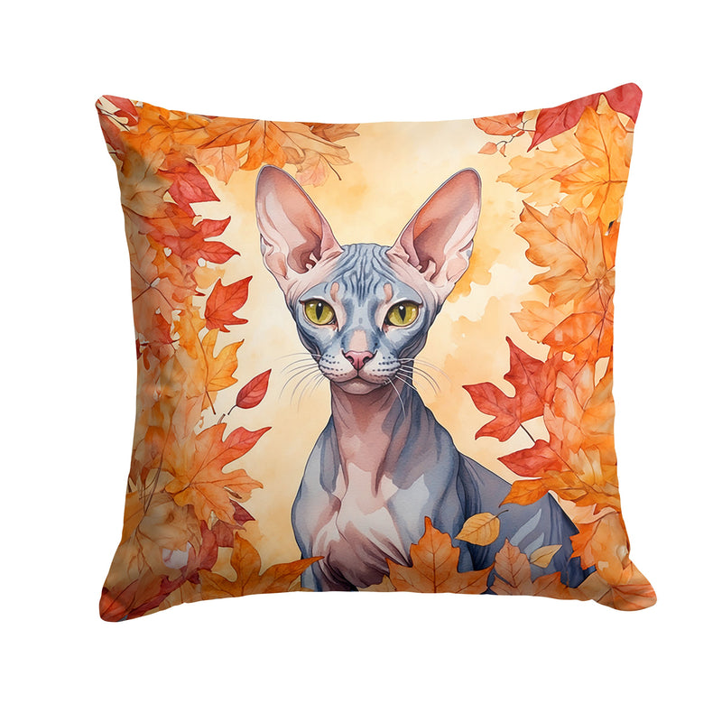 Peterbald Cat in Fall Leaves Throw Pillow