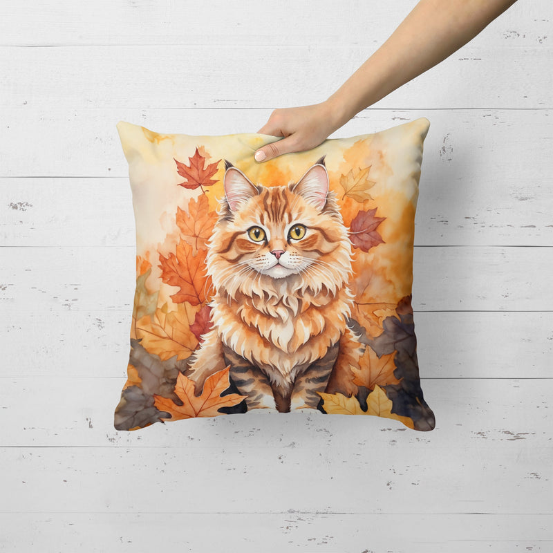 Skookum Cat in Fall Leaves Throw Pillow