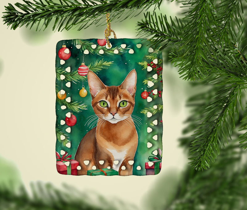 Abyssinian Cat By the Christmas Tree Porcelain Ornament