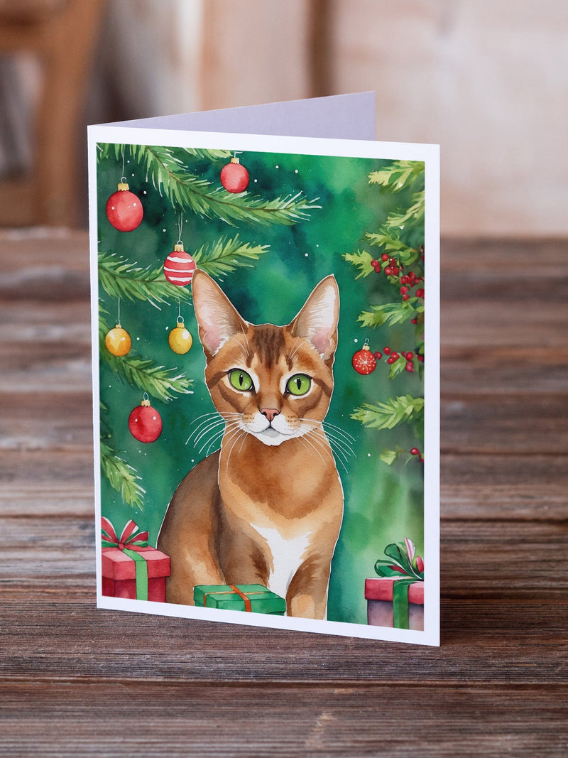 Abyssinian Cat By the Christmas Tree Greeting Cards - Blank Note Cards – 8-Pack of Artist-Designed Cards with Envelopes