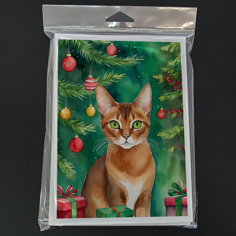 Abyssinian Cat By the Christmas Tree Greeting Cards - Blank Note Cards – 8-Pack of Artist-Designed Cards with Envelopes