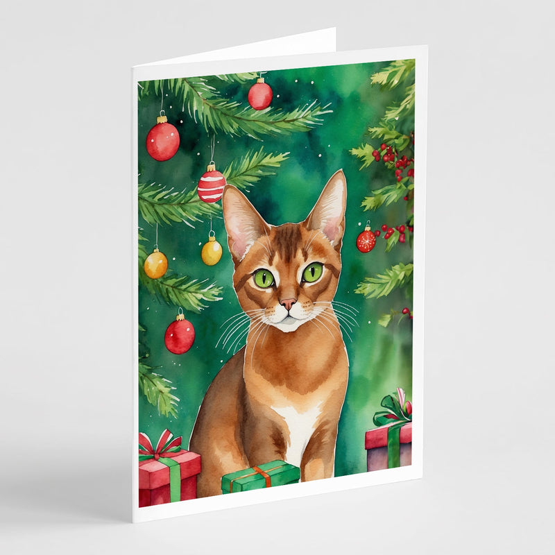Abyssinian Cat By the Christmas Tree Greeting Cards - Blank Note Cards – 8-Pack of Artist-Designed Cards with Envelopes