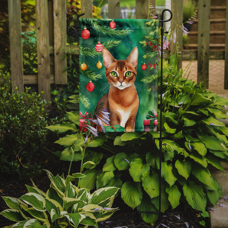 Abyssinian Christmas Garden Flag - Cat by the Christmas Tree - Cat-Themed Holiday Yard Decor