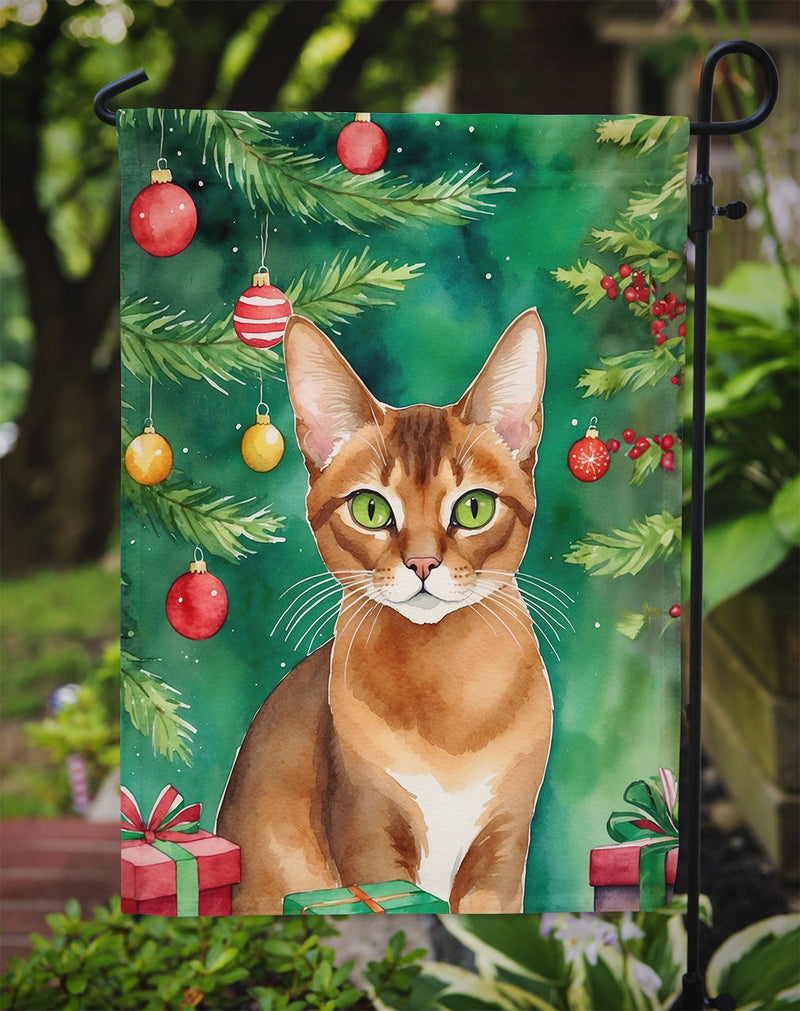 Abyssinian Christmas Garden Flag - Cat by the Christmas Tree - Cat-Themed Holiday Yard Decor