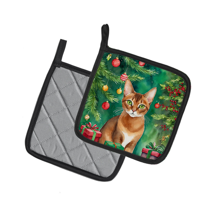 Abyssinian Cat By the Christmas Tree Pot Holders - Set of 2 Decorative Kitchen Helpers | Made in the USA