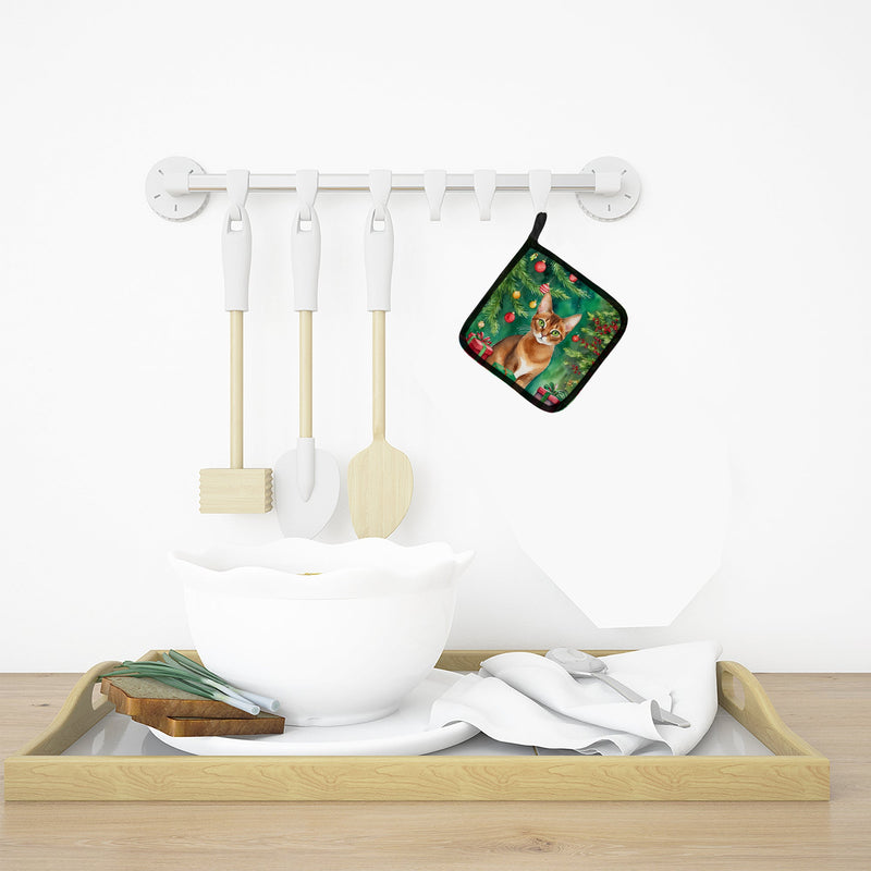 Abyssinian Cat By the Christmas Tree Pot Holders - Set of 2 Decorative Kitchen Helpers | Made in the USA