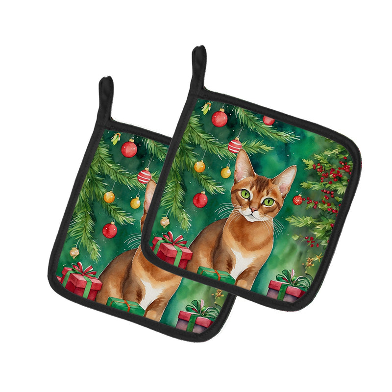 Abyssinian Cat By the Christmas Tree Pot Holders - Set of 2 Decorative Kitchen Helpers | Made in the USA