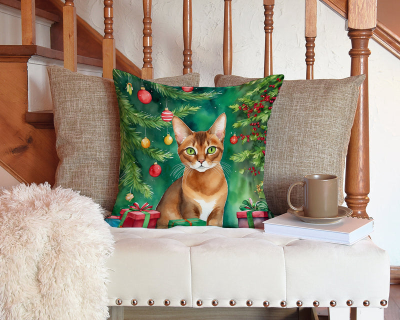 Abyssinian Cat By the Christmas Tree Throw Pillow - 14x14 Decorative Pillow – Art for Your Home & Patio