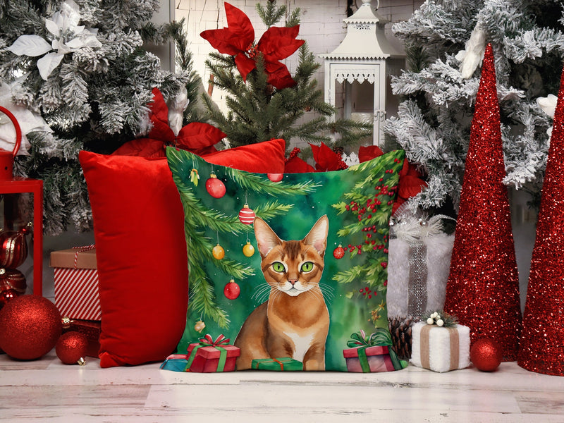 Abyssinian Cat By the Christmas Tree Throw Pillow - 14x14 Decorative Pillow – Art for Your Home & Patio