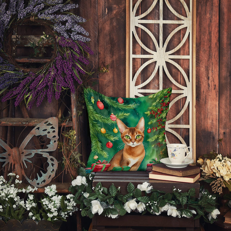 Abyssinian Cat By the Christmas Tree Throw Pillow - 14x14 Decorative Pillow – Art for Your Home & Patio