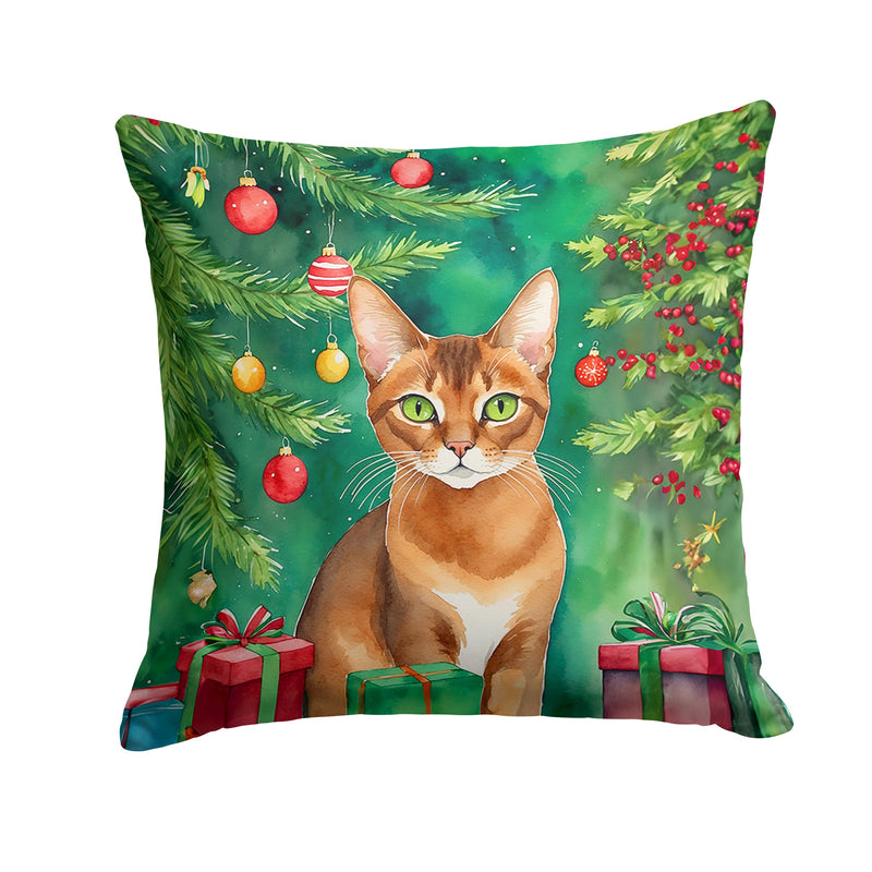 Abyssinian Cat By the Christmas Tree Throw Pillow - 14x14 Decorative Pillow – Art for Your Home & Patio