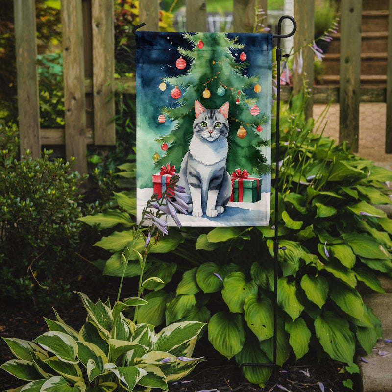 Aegean Christmas Garden Flag - Cat by the Christmas Tree - Cat-Themed Holiday Yard Decor
