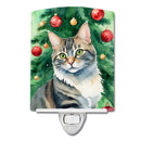 American Bobtail Cat By the Christmas Tree Ceramic Night Light