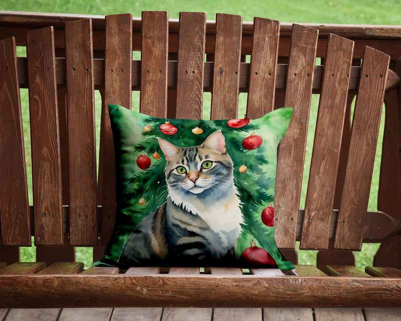 American Bobtail Cat By the Christmas Tree Throw Pillow - 14x14 Decorative Pillow – Art for Your Home & Patio