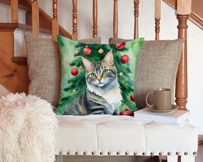 American Bobtail Cat By the Christmas Tree Throw Pillow - 14x14 Decorative Pillow – Art for Your Home & Patio