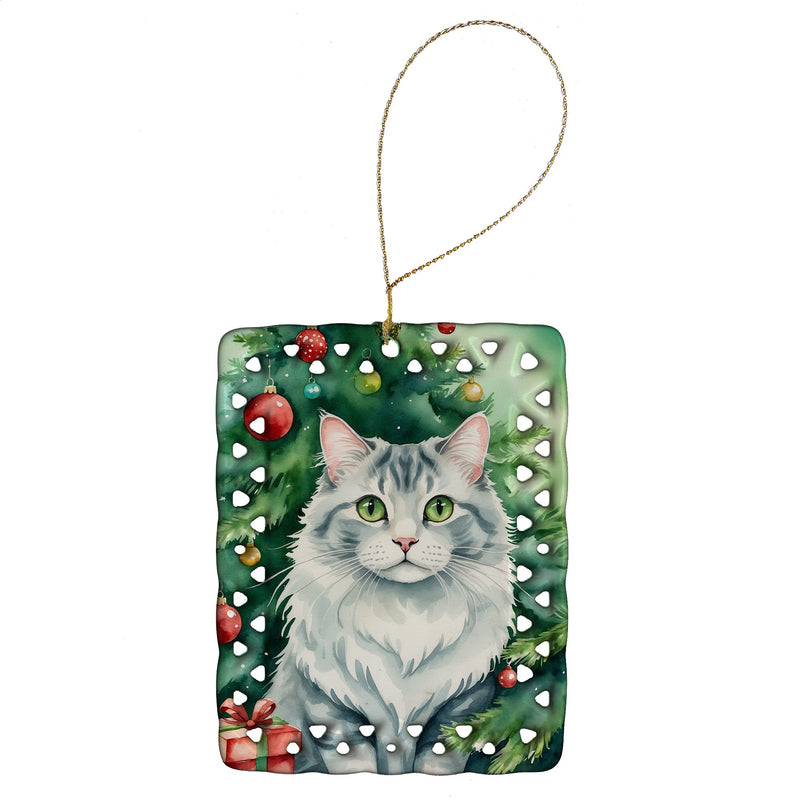 American Curl Cat By the Christmas Tree Porcelain Ornament