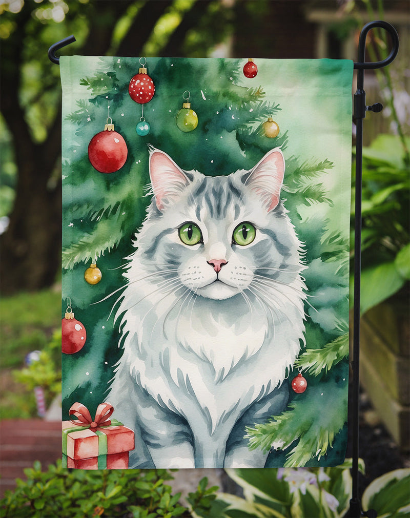 American Curl Christmas Garden Flag - Cat by the Christmas Tree - Cat-Themed Holiday Yard Decor