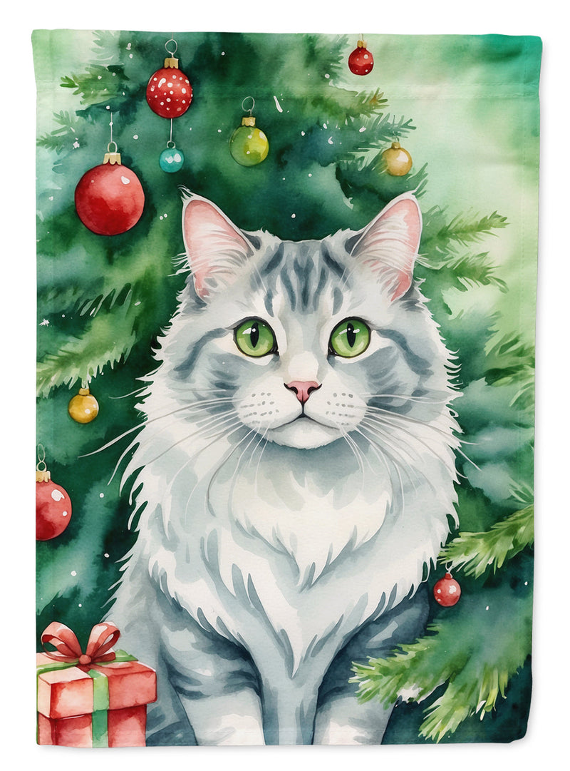American Curl Christmas Garden Flag - Cat by the Christmas Tree - Cat-Themed Holiday Yard Decor