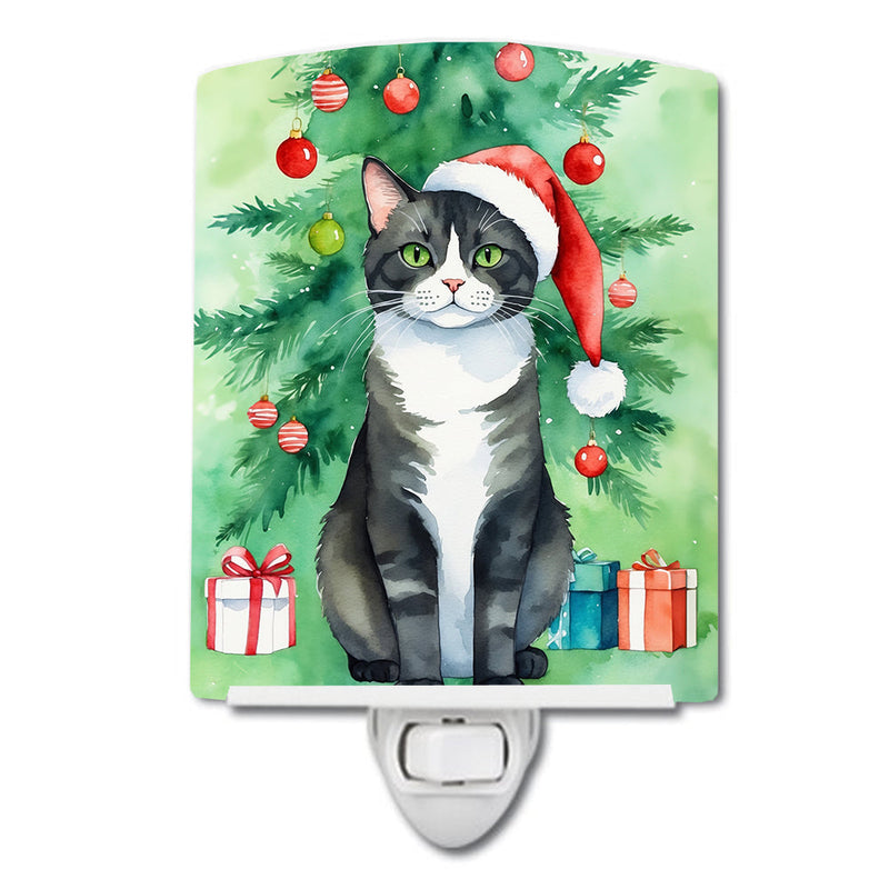 American Polydactyl Cat By the Christmas Tree Ceramic Night Light