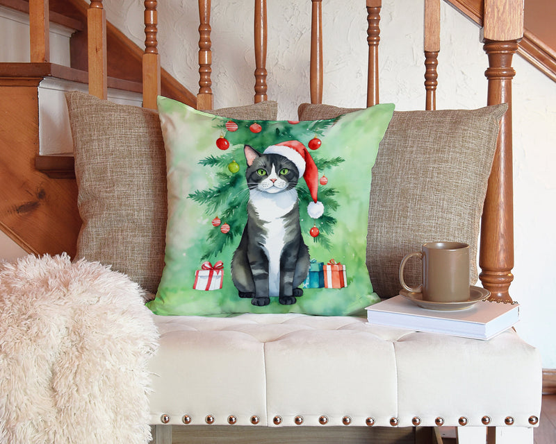 American Polydactyl Cat By the Christmas Tree Throw Pillow - 14x14 Decorative Pillow – Art for Your Home & Patio