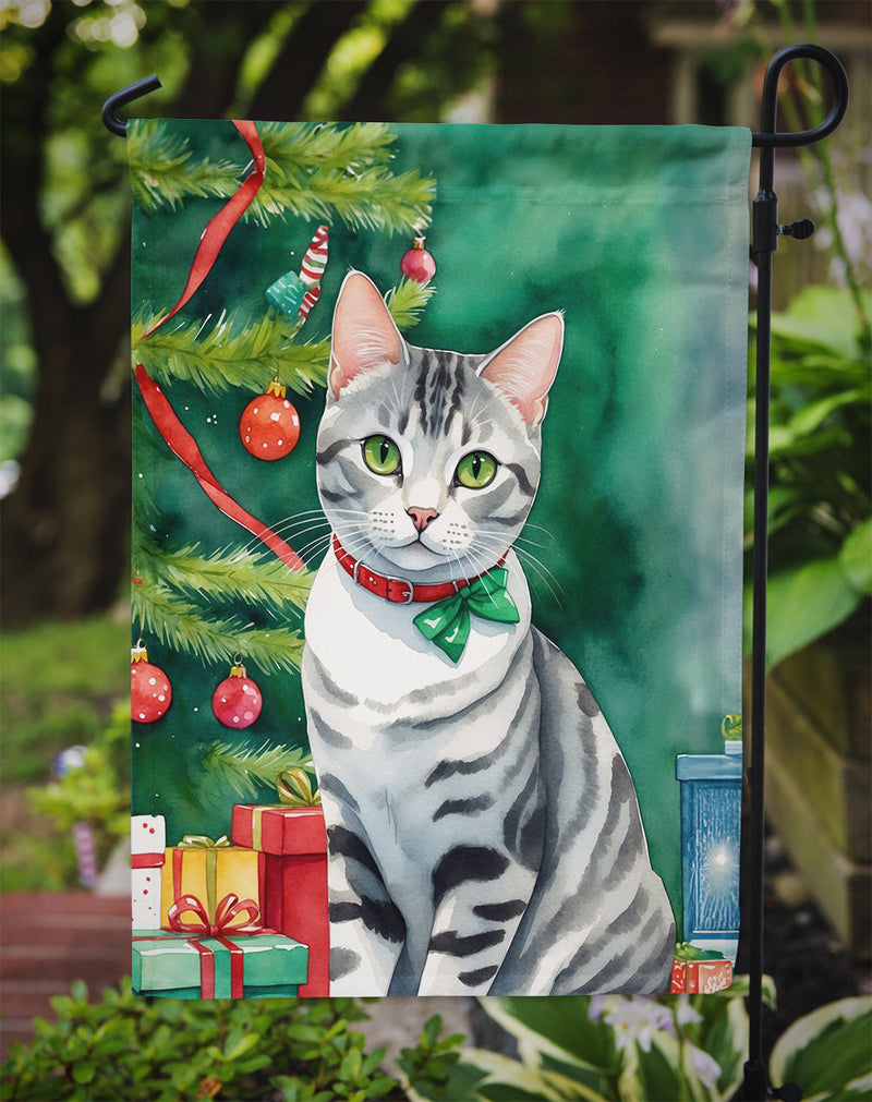 American Shorthair Christmas Garden Flag - Cat by the Christmas Tree - Cat-Themed Holiday Yard Decor