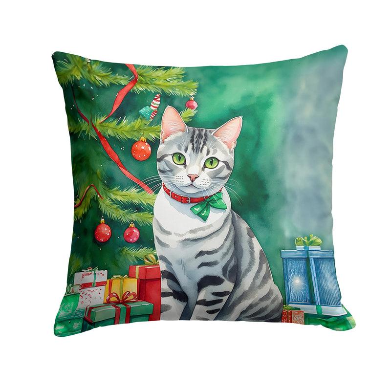 American Shorthair Cat By the Christmas Tree Throw Pillow - 14x14 Decorative Pillow – Art for Your Home & Patio